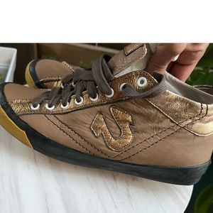 True religion light brown leather high top sneakers with gold trim!